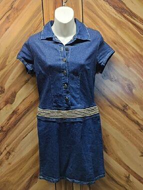 Y2k Zoey Beth Denim Button-Front Dress with Striped Waist Detail Size M